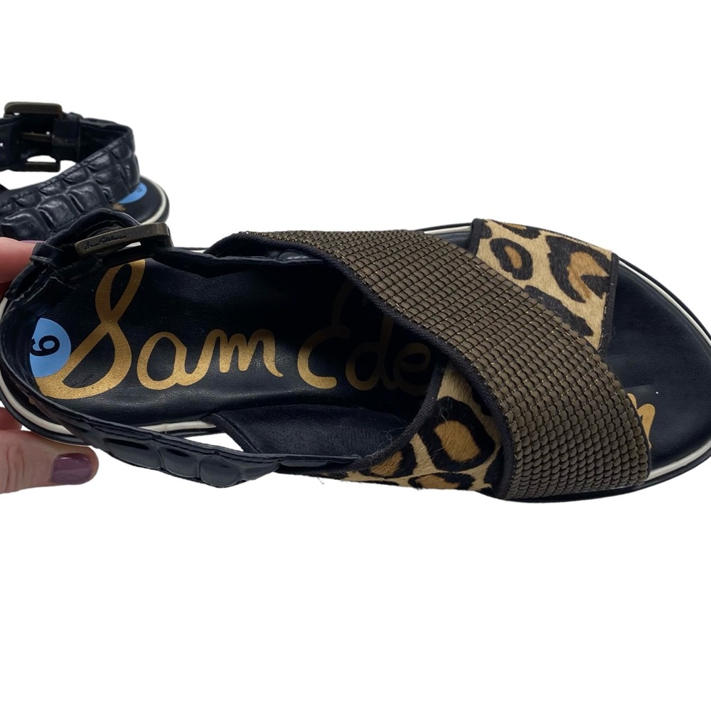Sam Edelman Sandals Jolan Leopard Calf Hair Leather Crisscross Flat Casual Sz 6 - Picture 8 of 13